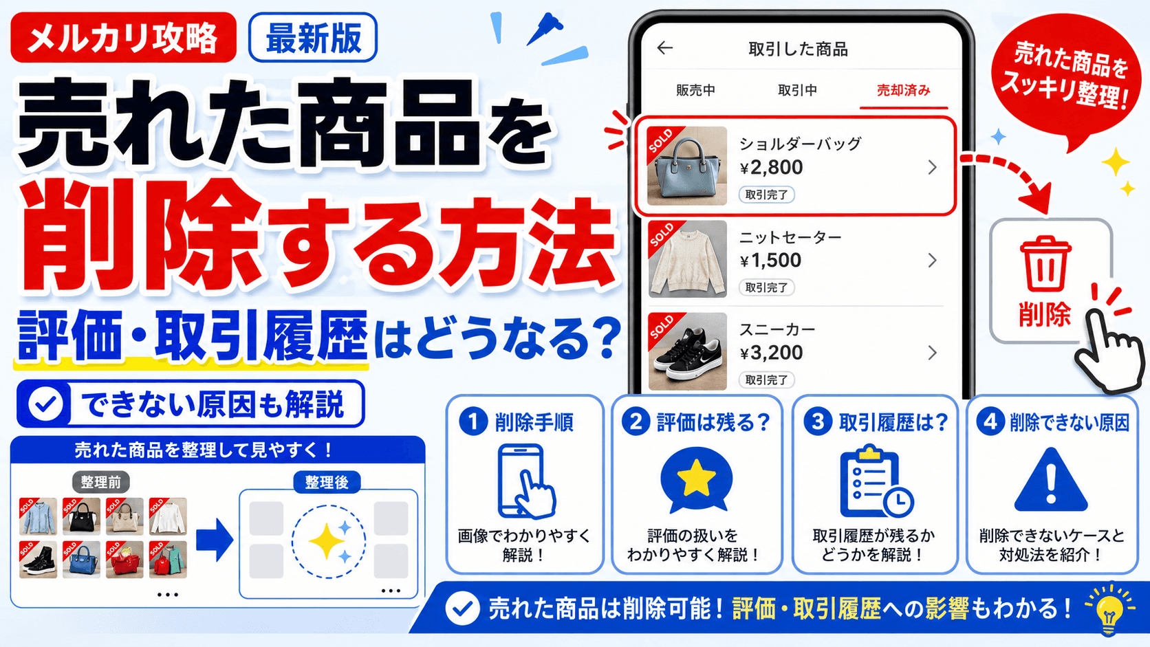 【メルカリ】Sold商品が削除できない理由は？2週間ルールと消し方を徹底解説