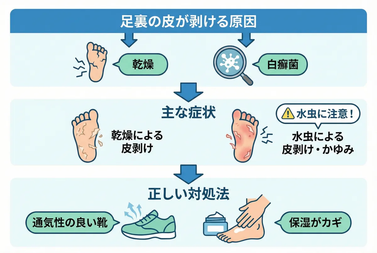 足の裏の皮がむける原因は水虫？痒くない理由と病気の見分け方【2026】