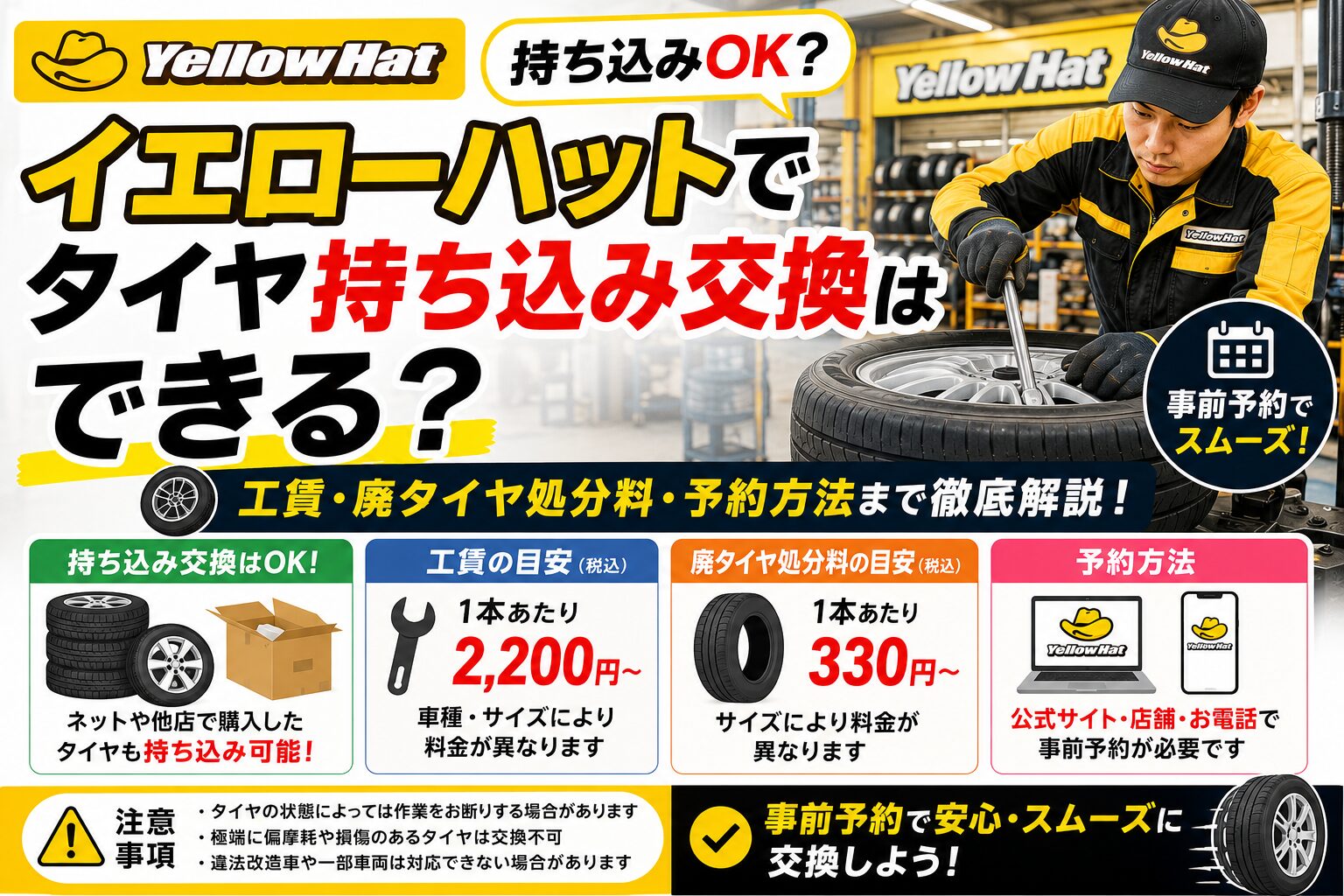 イエローハットのタイヤ交換料金総額は？工賃内訳と持ち込みの真相