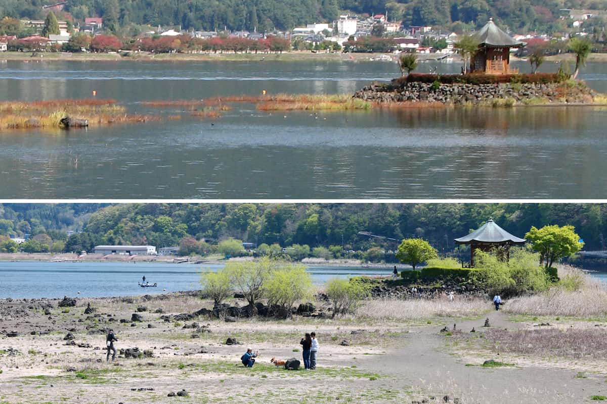 河口湖の水位低下で六角堂が陸続き？富士山噴火の噂と現在の真相